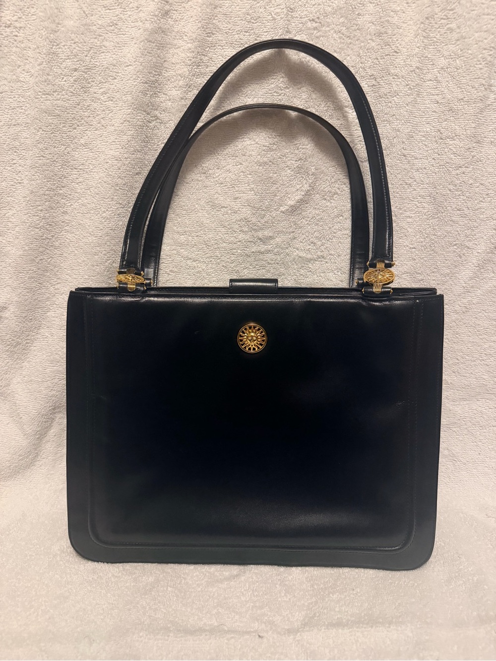 Versace Black Leather Shoulder Bag with Gold Medallion